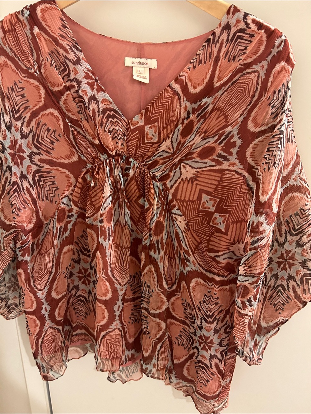 Sundance Rust and Cream Abstract V-Neck Blouse
